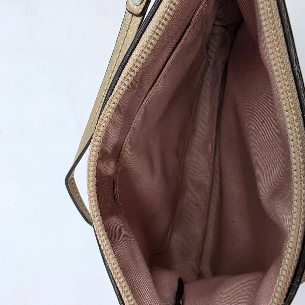 Coach Signature Canvas Metallic Gold Trim Wristlet Small Handbag Bag